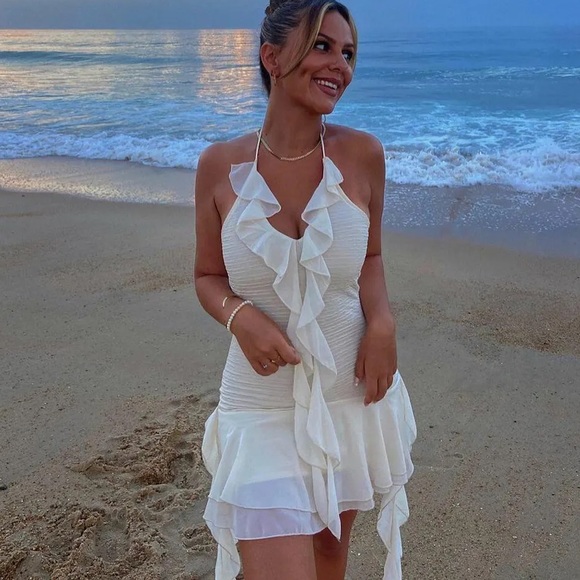 🛍️ MICAS Halter-back Cascading Ruffles Mini Ivory Dress - Size L - Picture 13 of 13